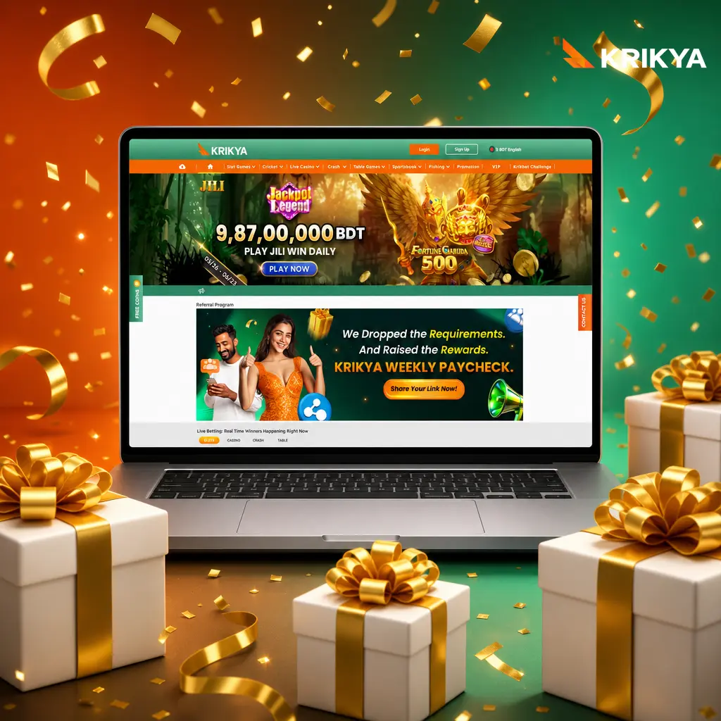 Krikya bonus program overview showing casino and sportsbook rewards