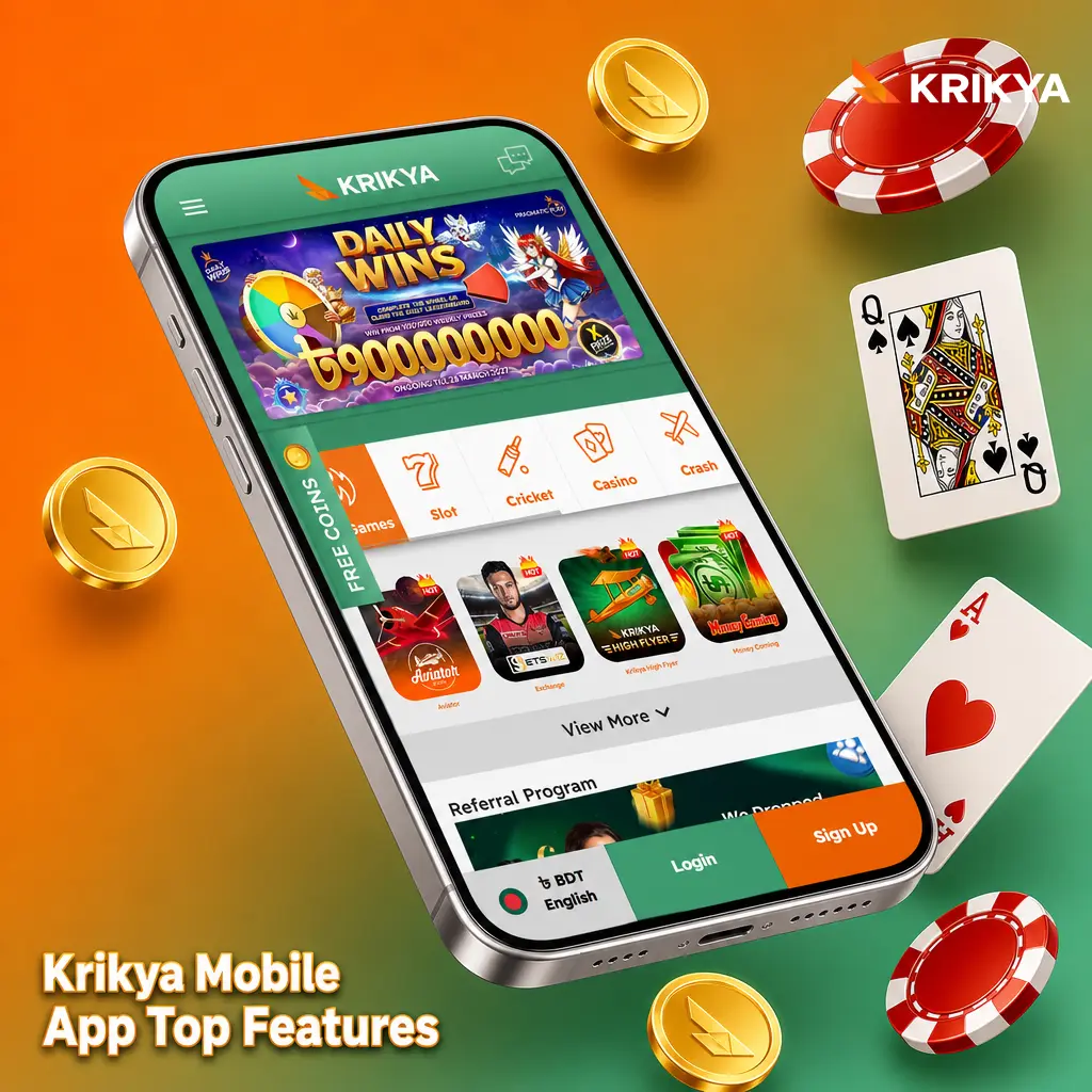 Krikya mobile app interface showing top features